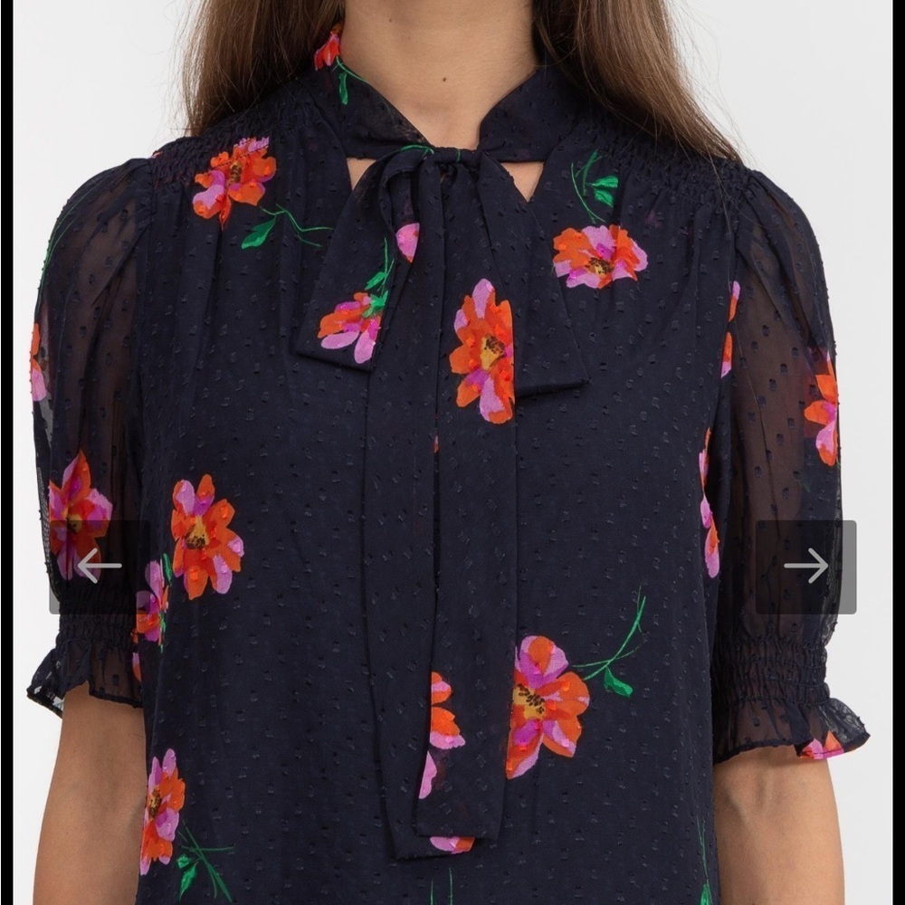 DKNY Party Floral Navy and Pink Flower Bow neck Ruffle Sheer Sleeves Mini Dress - Picture 15 of 16
